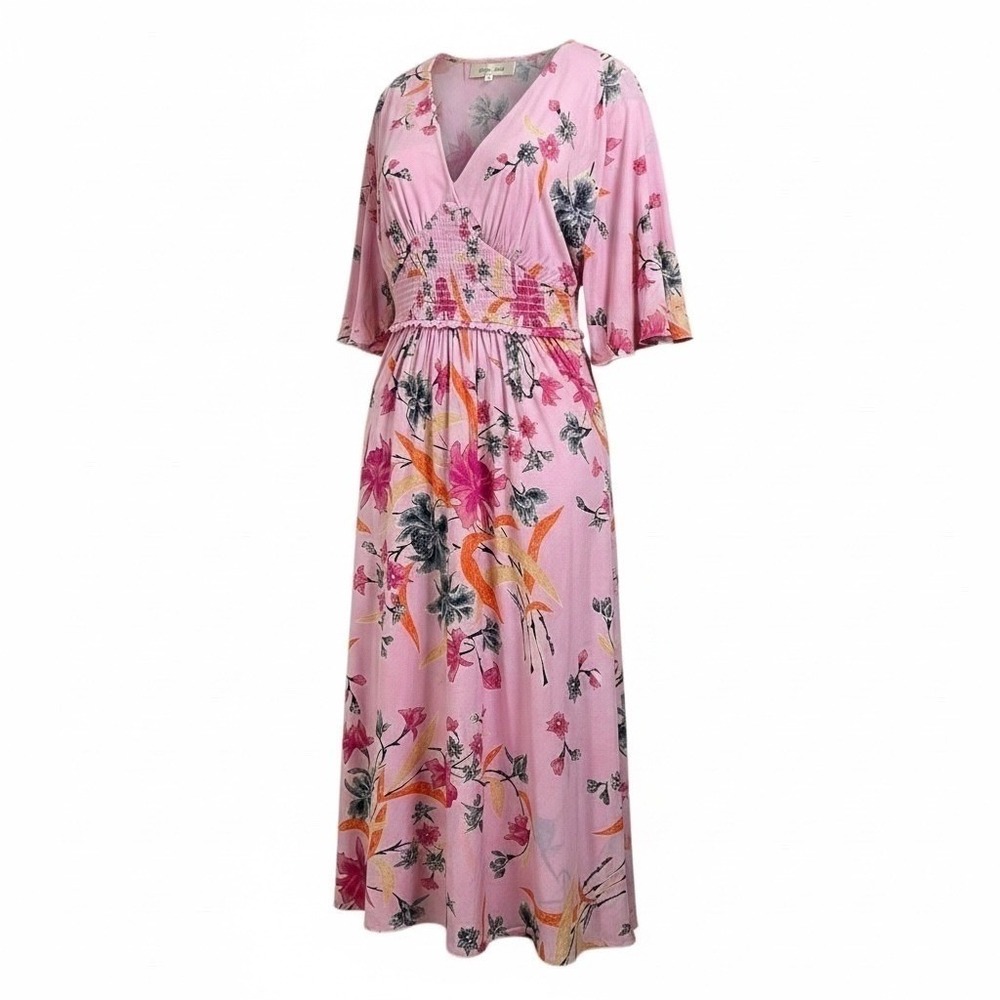 DIANE VON FURSTENBERG Pink Floral Smocked Waist Midi Dress Flutter Sleeve V Neck